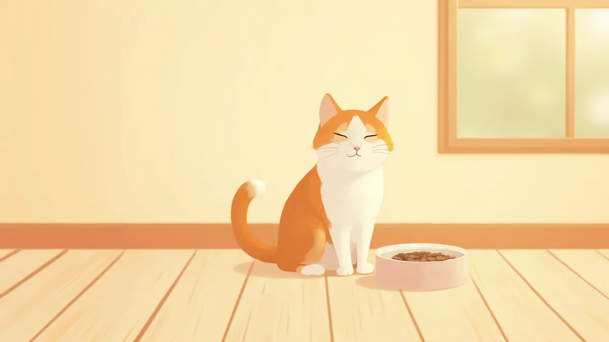 식사 그릇을 앞에 두고 앉아 있는 고양이