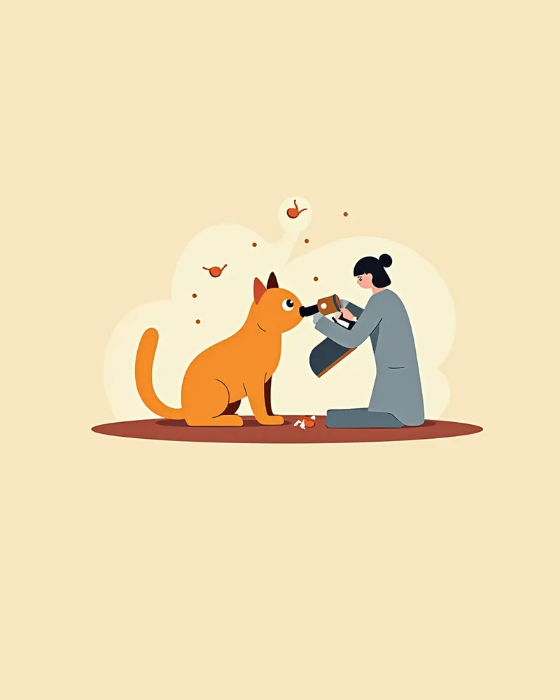 수의사가 고양이 변을 현미경으로 검사하는 모습