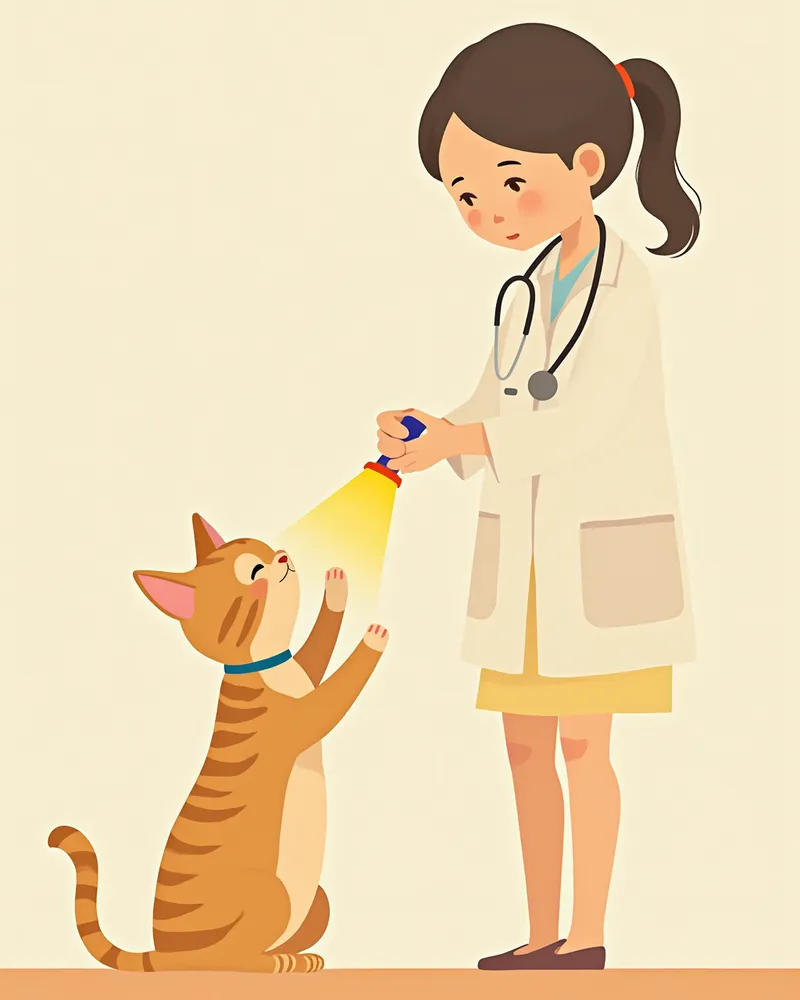 동물병원에서 손전등으로 고양이 잇몸 색을 확인하는 수의사