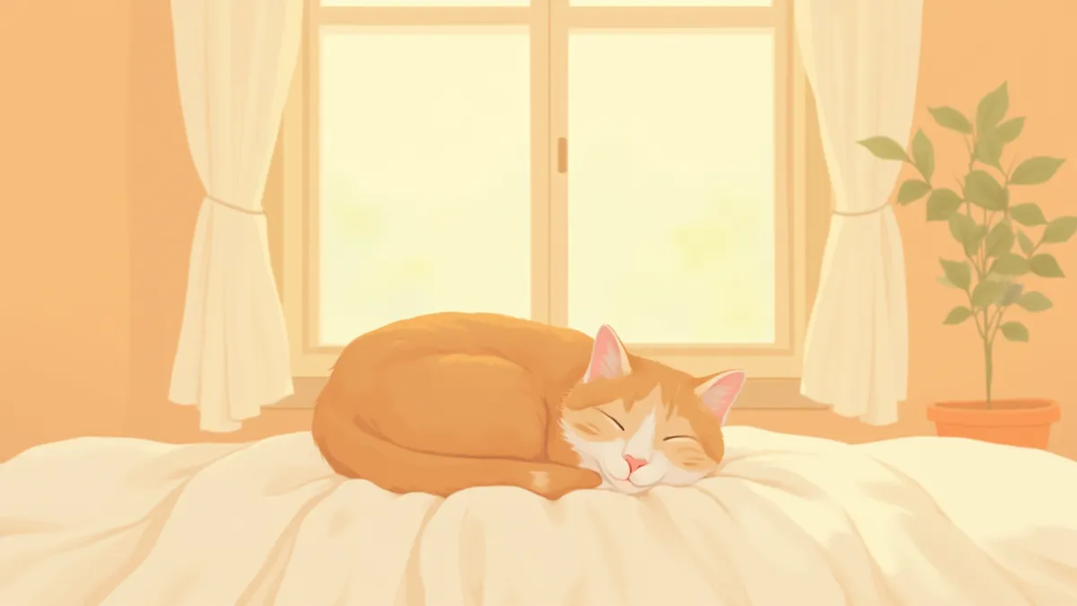 창가 담요 위에 웅크리고 조용히 쉬고 있는 노령 고양이