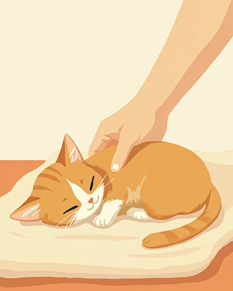 담요 위에서 쉬고 있는 노령 고양이를 부드럽게 쓰다듬는 보호자의 손