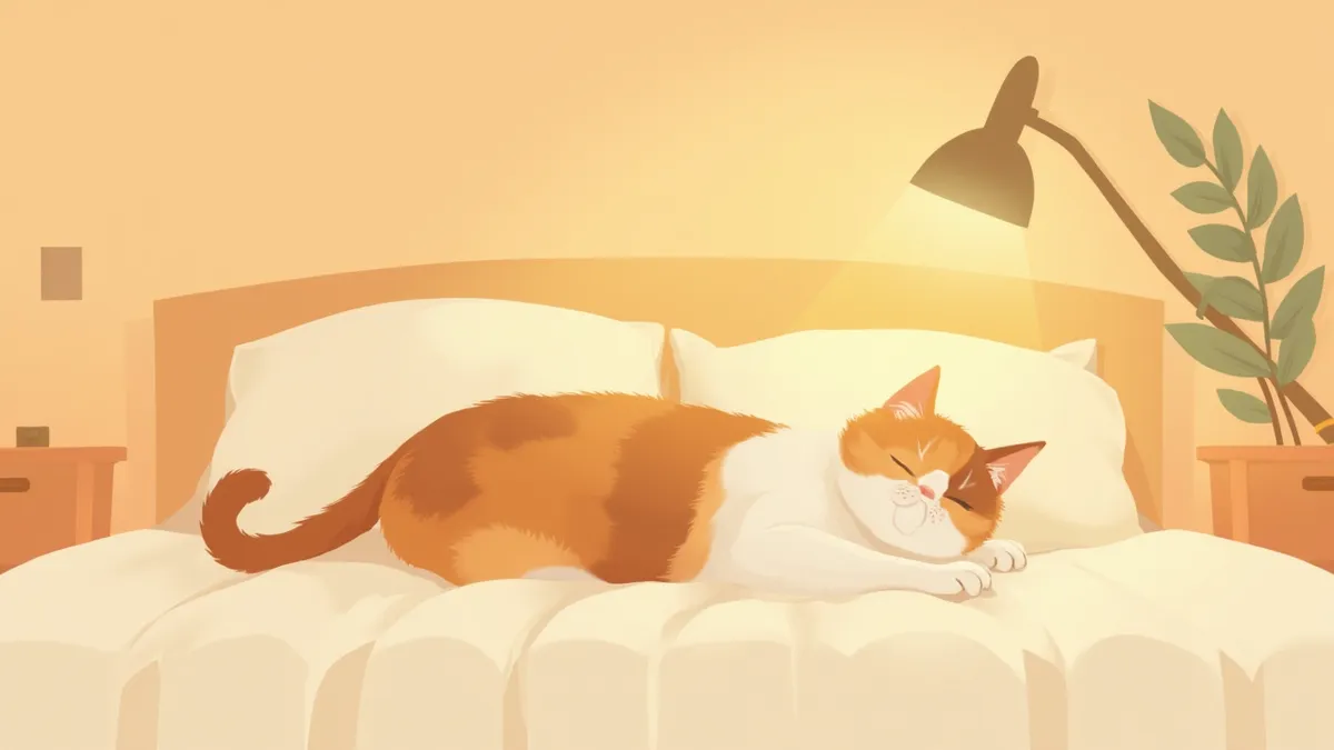 따뜻한 조명 아래 편안히 눈을 감고 쉬는 노령 고양이