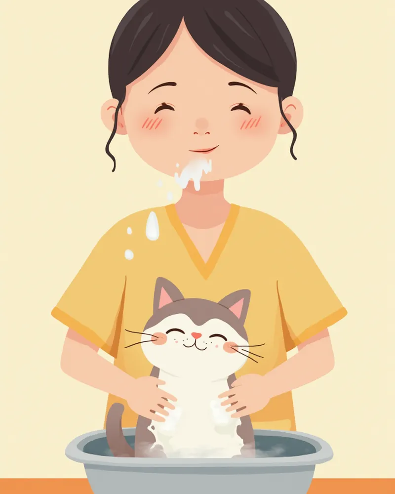 병원에서 부드럽게 씻겨지고 있는 고양이