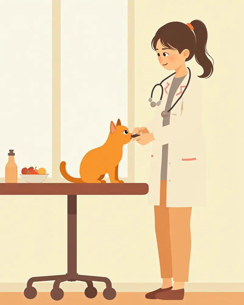 진료실에서 고양이의 입을 살펴보는 수의사