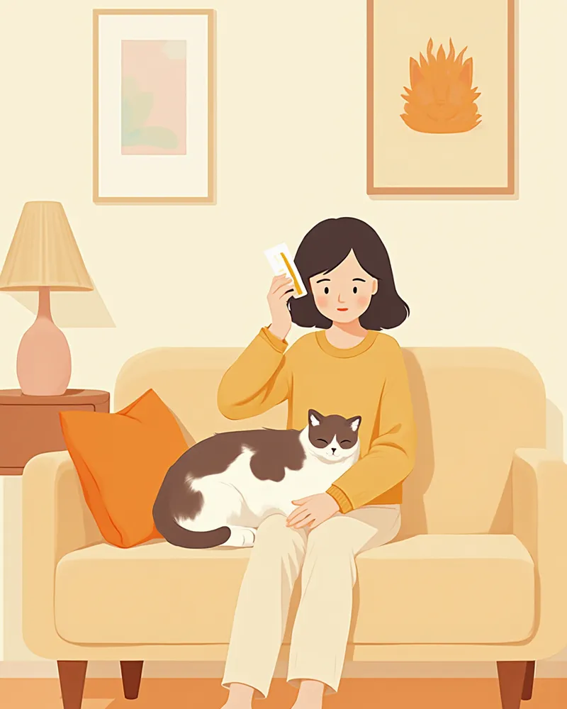 집에서 고양이를 부드럽게 빗질해주는 보호자