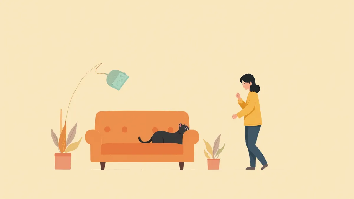 소파에서 우는 고양이를 걱정스럽게 바라보는 보호자