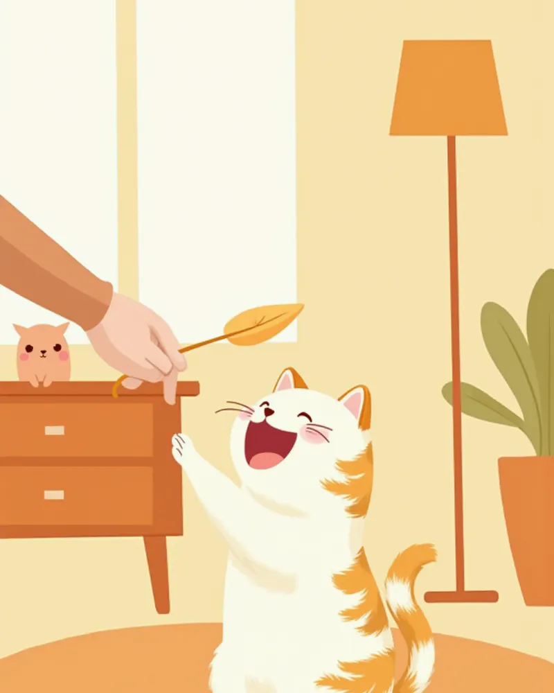 보호자와 깃털 장난감으로 신나게 노는 고양이