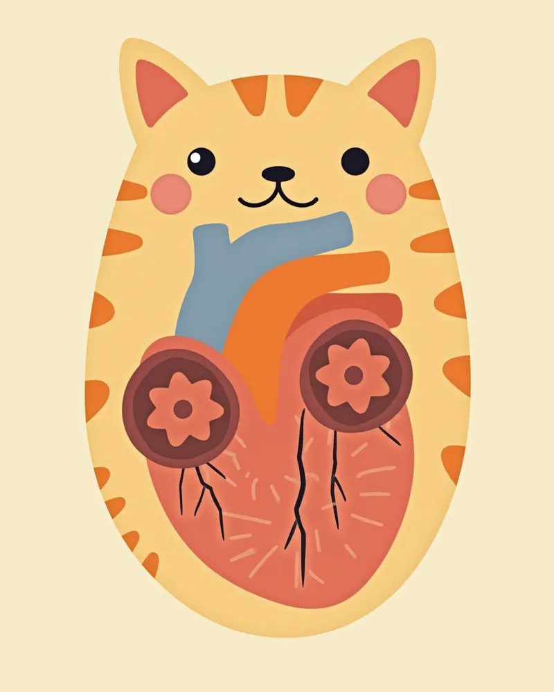 고양이 심장의 해부도, 심실 벽 두꺼움과 판막 이상을 강조한 의학적 이미지