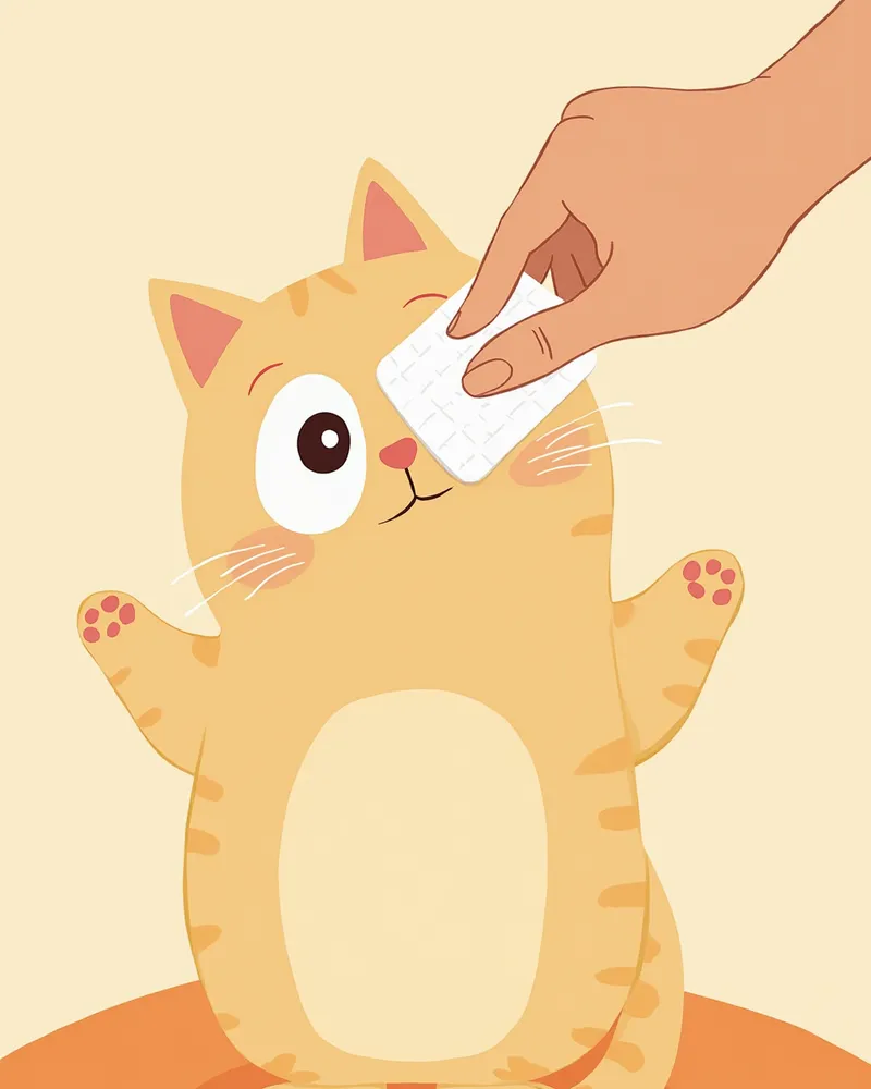 보호자가 거즈로 고양이 눈곱을 닦아주는 모습