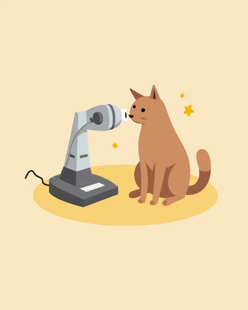 수의사가 슬릿 램프로 고양이 눈을 검사하는 모습, 정밀한 진단 장비 사용