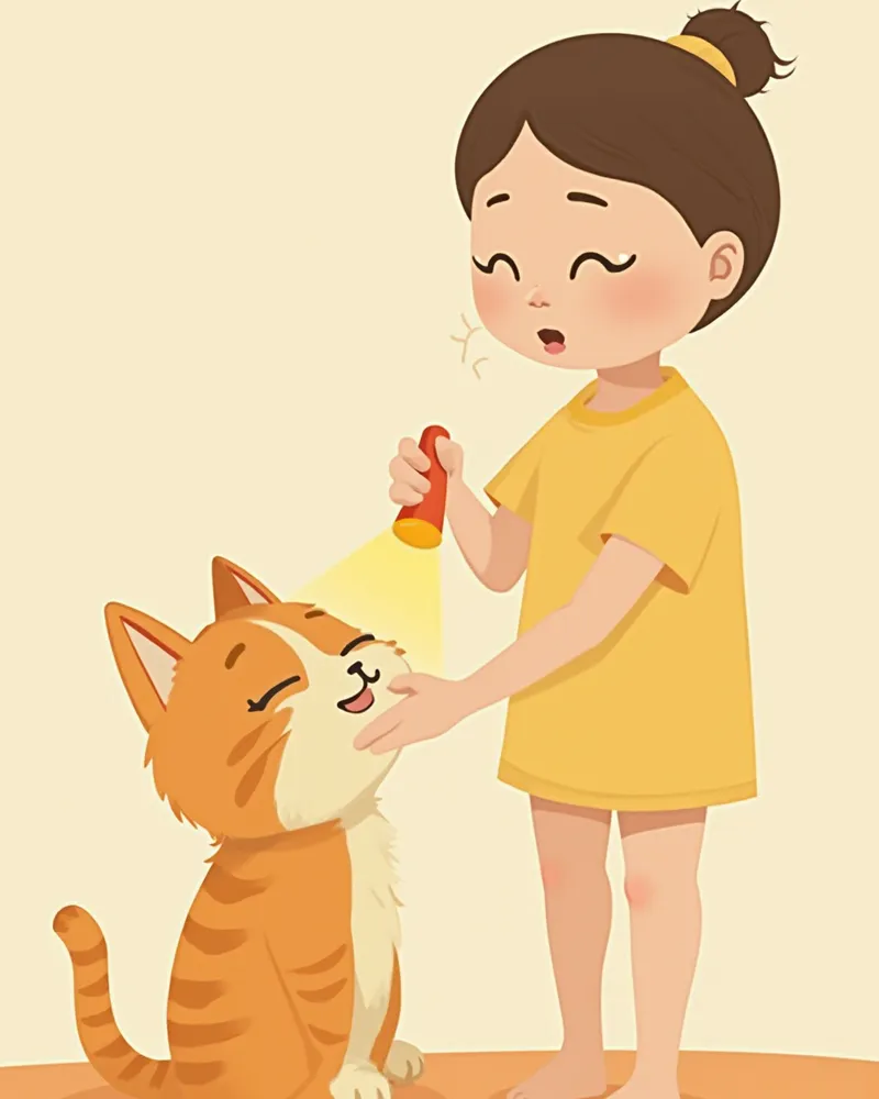 보호자가 고양이 얼굴을 부드럽게 잡고 손전등으로 눈을 살피는 모습