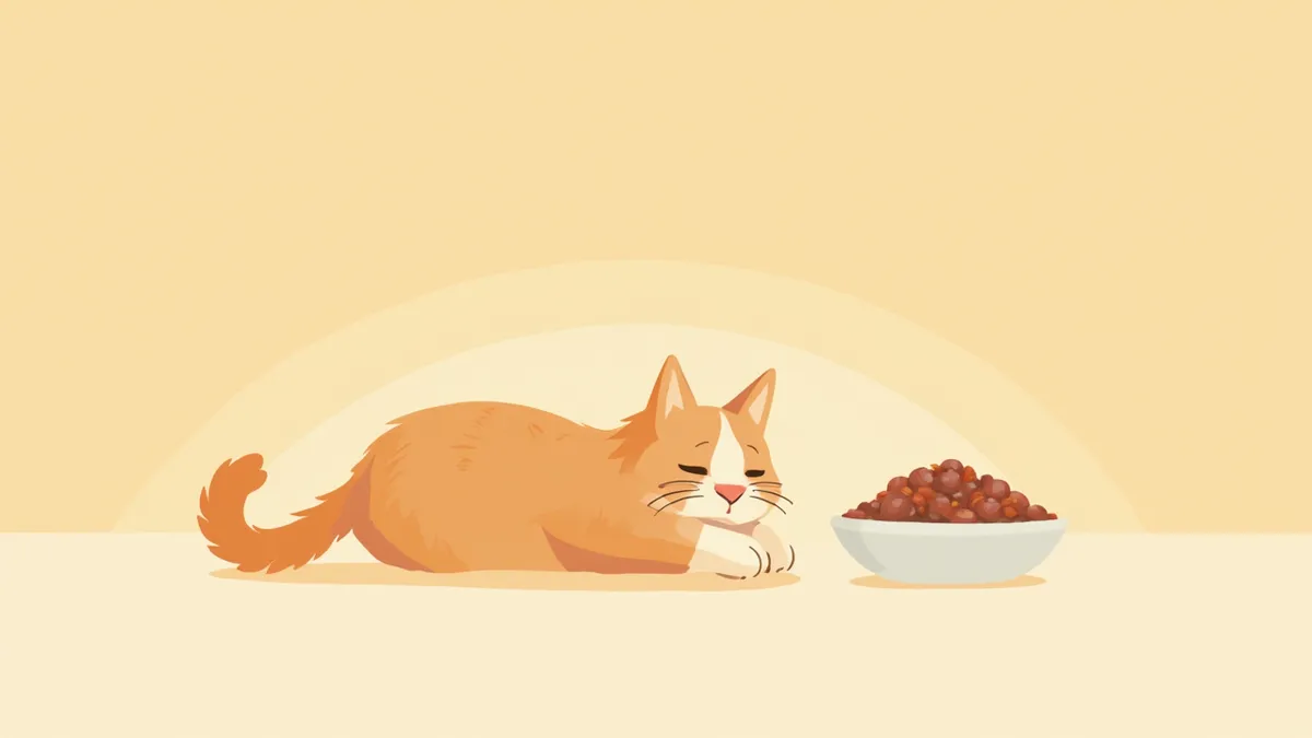 밥그릇 옆에서 무기력하게 누워 있는 고양이