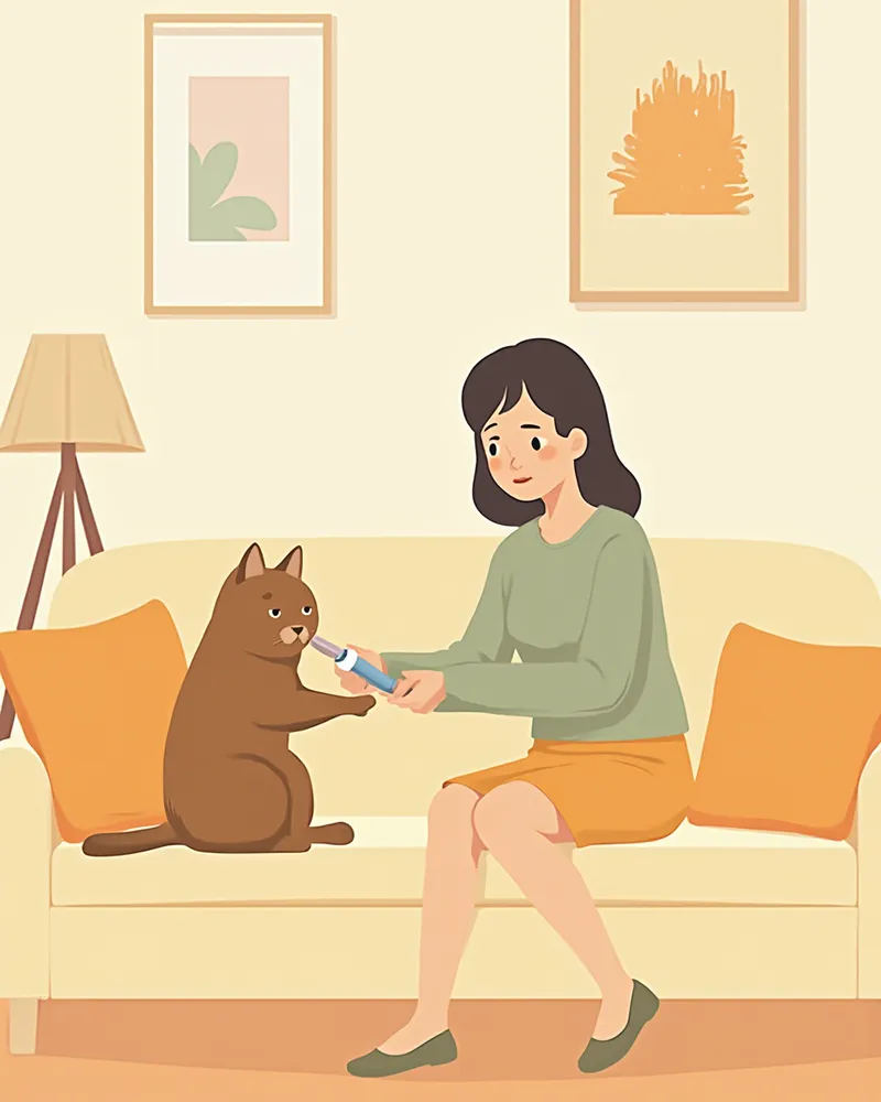 보호자가 집에서 고양이에게 급식관으로 영양을 공급하는 모습