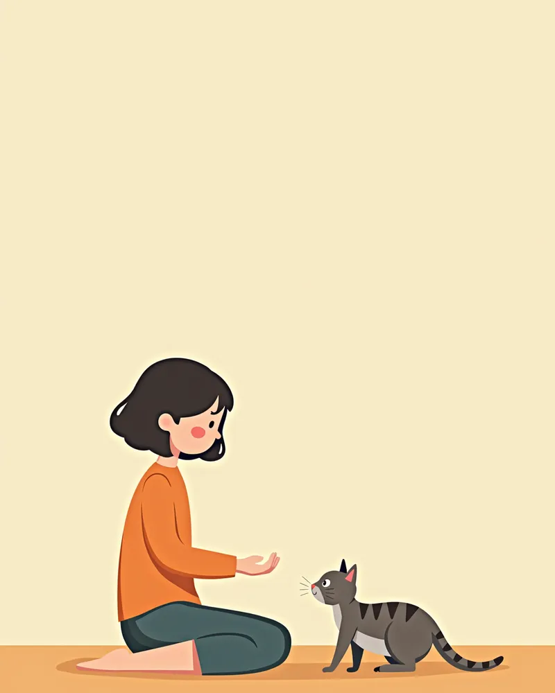 고양이 페이스에 맞춰 기다리는 보호자