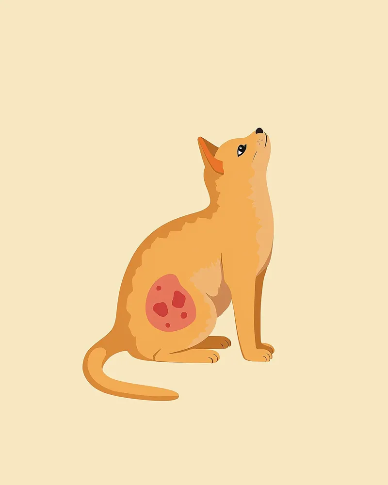 고양이 등 부위 주사 부위와 육종 발생 가능 지역을 설명하는 해부학 일러스트