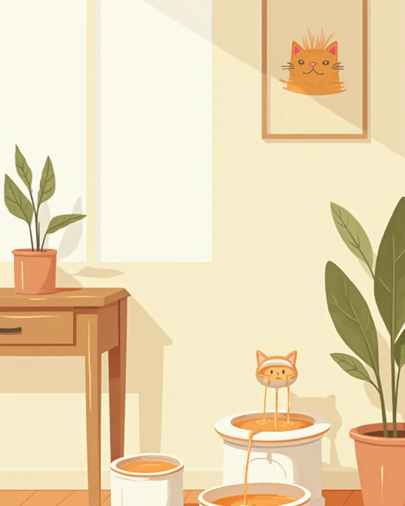 여러 개의 물그릇과 정수기가 놓인 고양이 집 환경