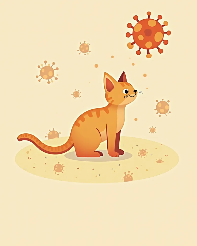 고양이 코로나바이러스가 매크로파지에서 변이하고 눈으로 퍼지는 과정을 설명하는 과학 일러스트