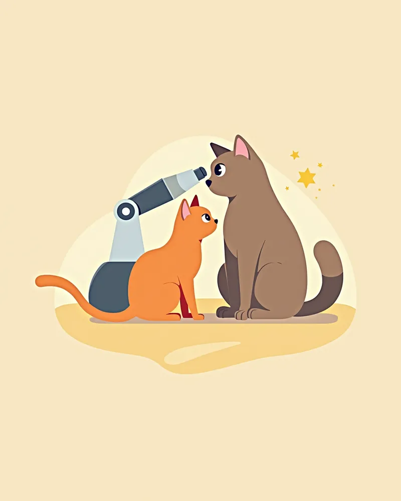 수의사가 슬릿램프 현미경으로 고양이 눈을 검사하는 모습
