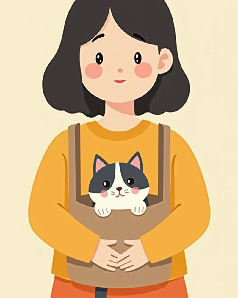 사람이 조용히 고양이를 캐리어 안에 안고 있는 모습