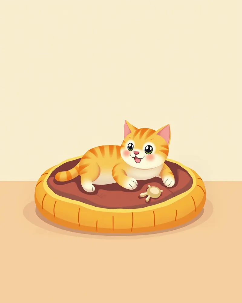조용한 방 구석에 익숙한 담요와 장난감이 있는 고양이 침대
