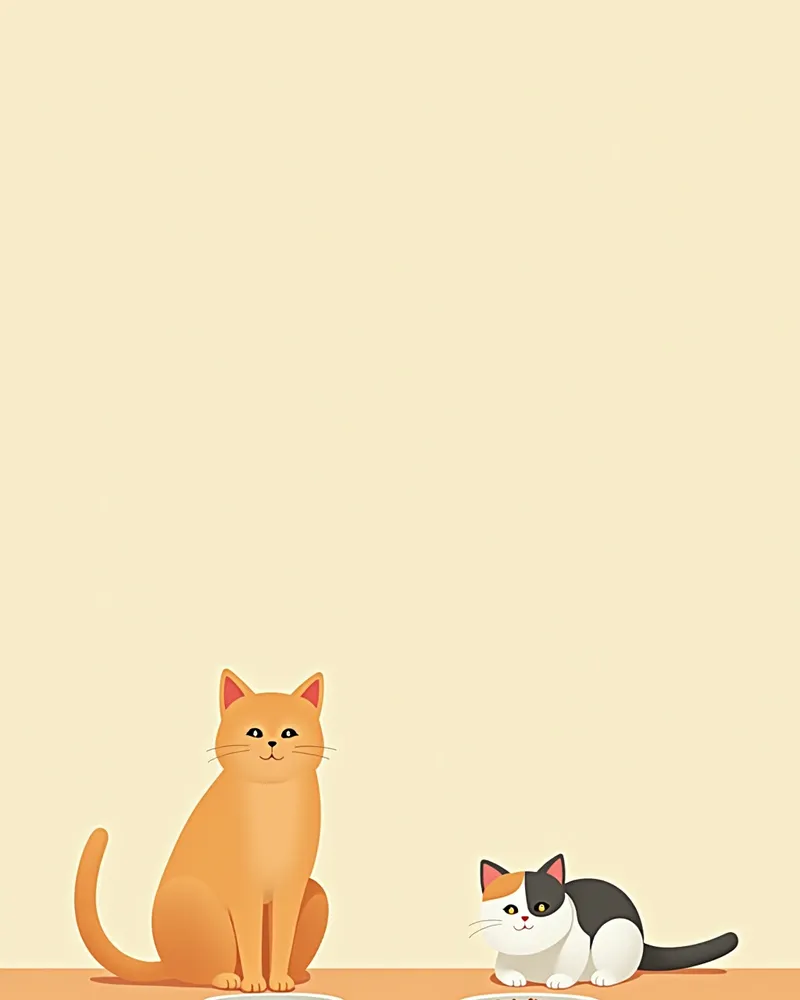 서로 다른 공간에 있는 두 마리 고양이, 각각의 식기와 화장실이 있음