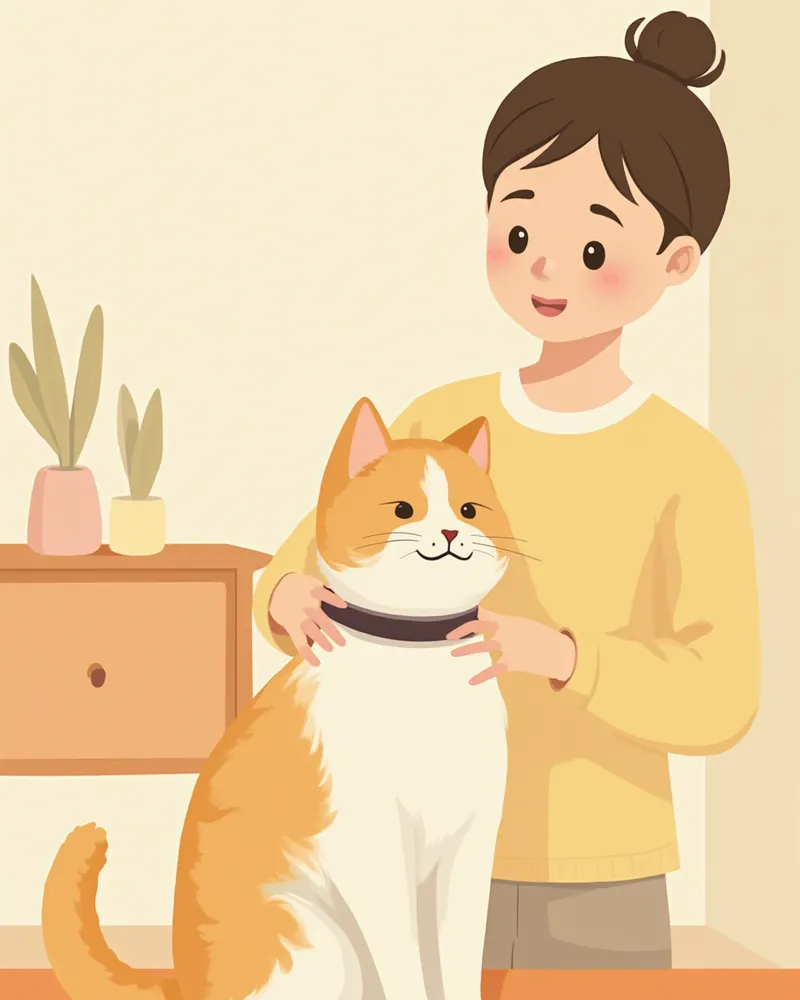 보호자가 고양이 목걸이 여유를 확인하는 모습