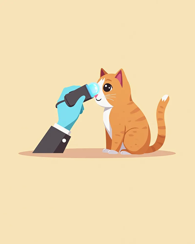 수의사가 파란 빛으로 고양이 눈을 검사하는 모습