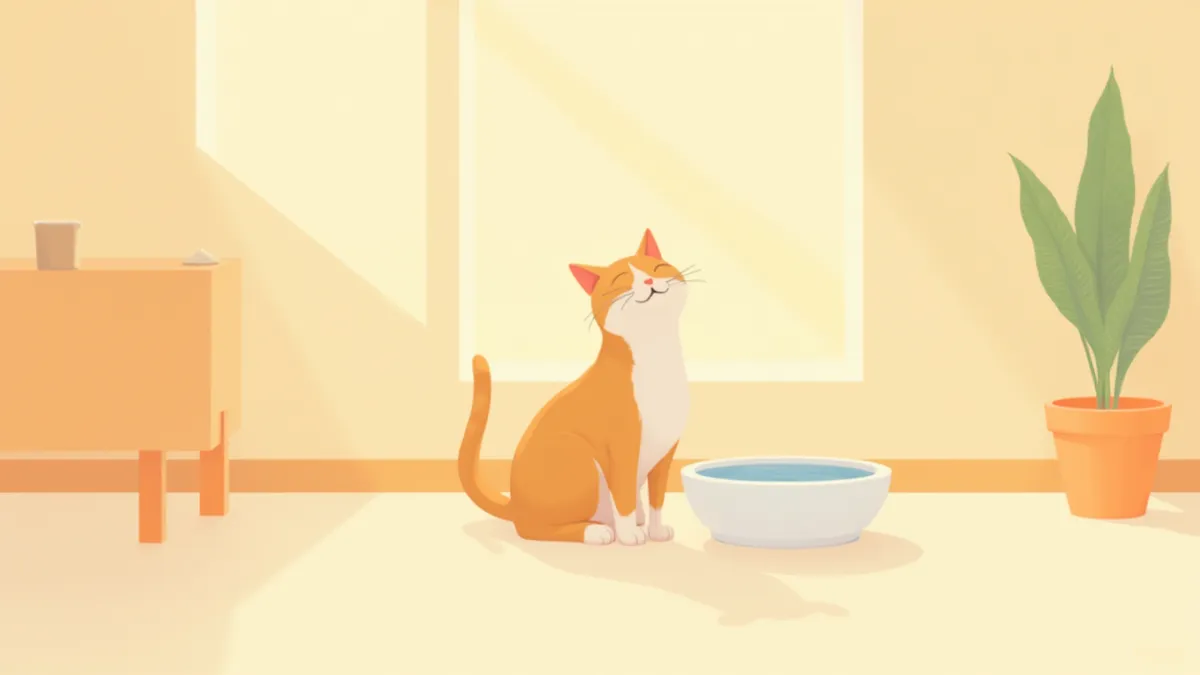 물그릇 옆에서 편안하게 앉아 있는 고양이