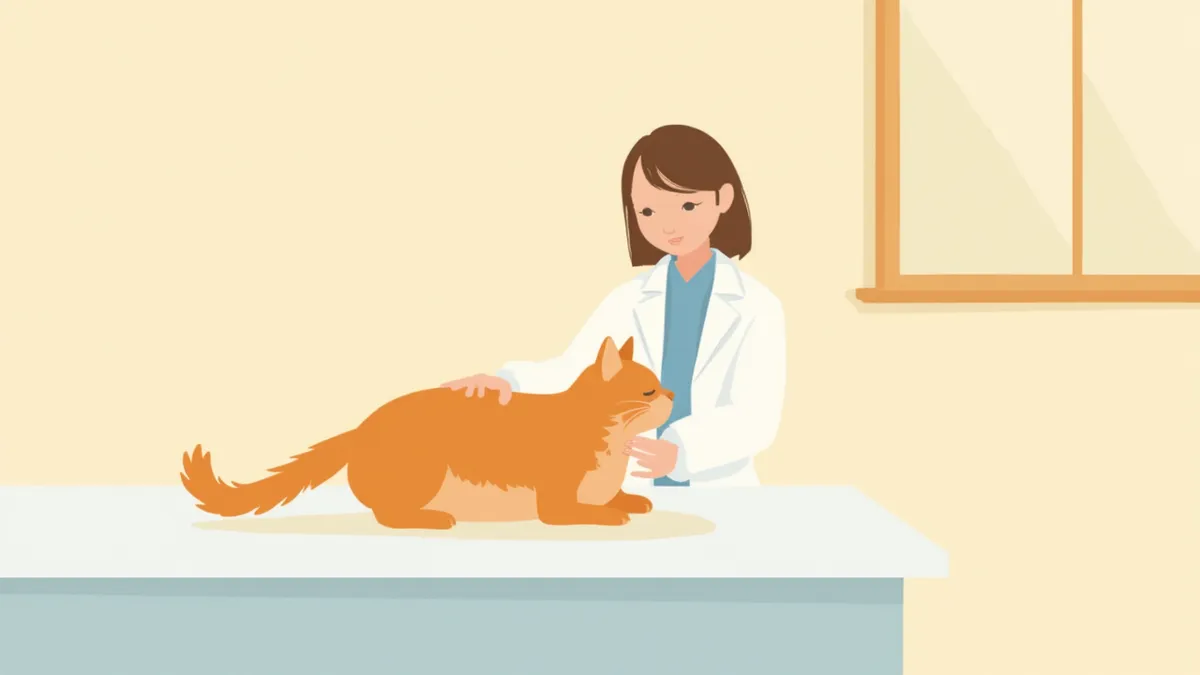 수의사가 고양이 방광을 촉진하는 모습