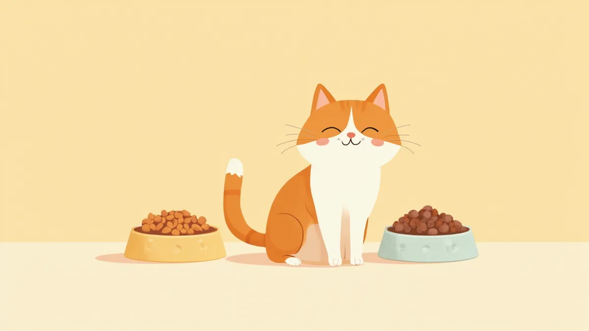 다양한 사료 앞에 앉아 있는 건강한 고양이