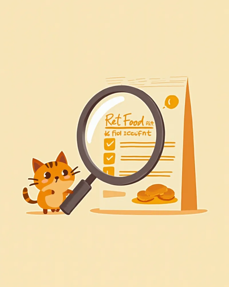 돋보기로 사료 성분표를 확인하는 모습과 옆에서 지켜보는 고양이