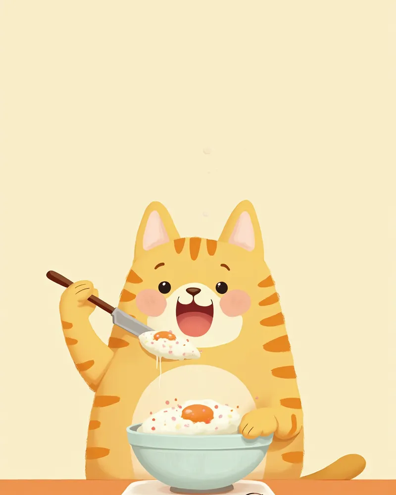 계량된 사료를 먹고 있는 고양이와 급여량 관리 아이콘