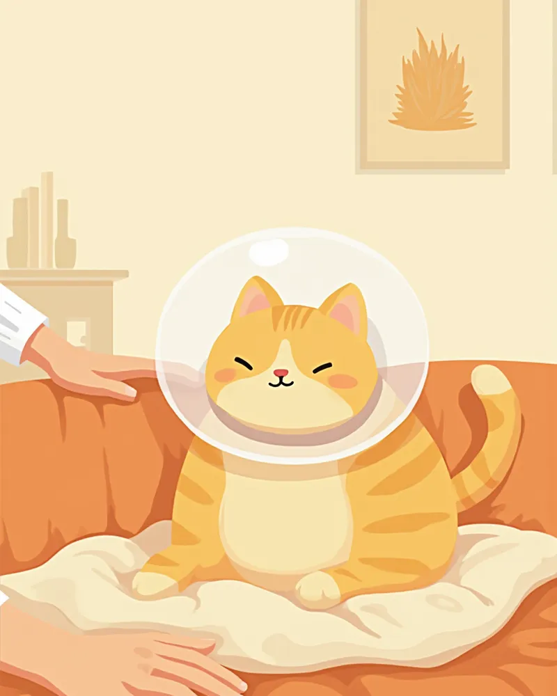 넥칼라를 착용하고 회복 중인 고양이