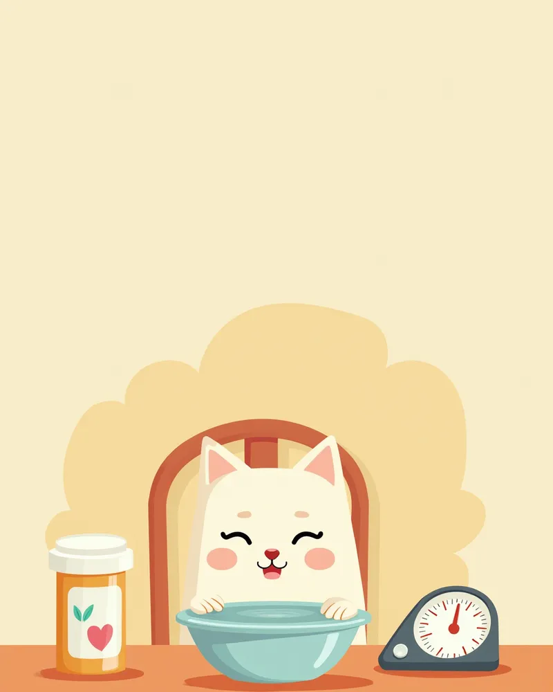 물 그릇에서 물을 마시는 고양이, 테이블 위에 약병과 체중계가 있음