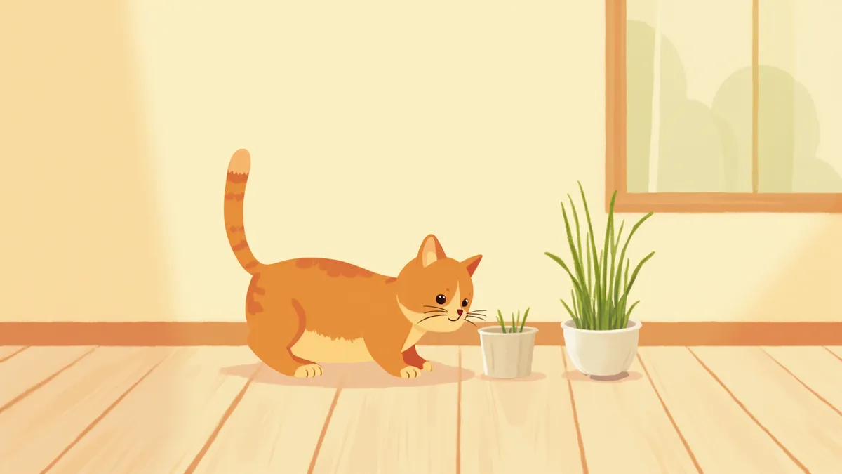 화분에 심긴 캣그라스를 먹는 고양이