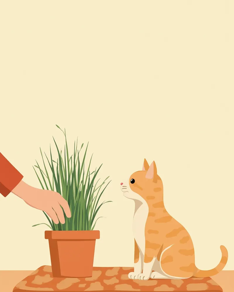 캣그라스 화분을 고양이에게 내어주는 모습