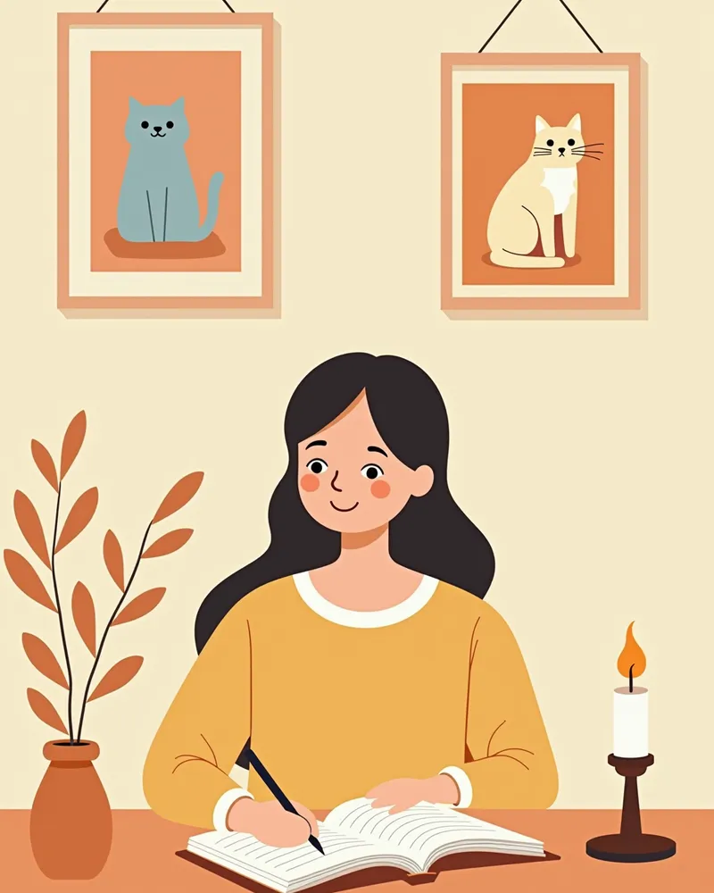 고양이 사진 옆에서 일기를 쓰는 보호자