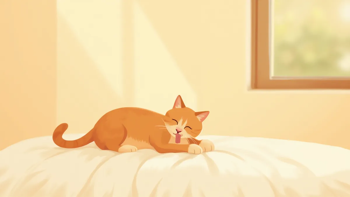 담요 위에서 편안하게 그루밍하는 고양이