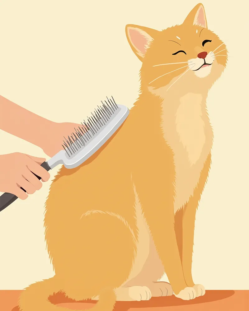 메인쿤 고양이 등에 슬리커 브러시를 부드럽게 사용하는 클로즈업