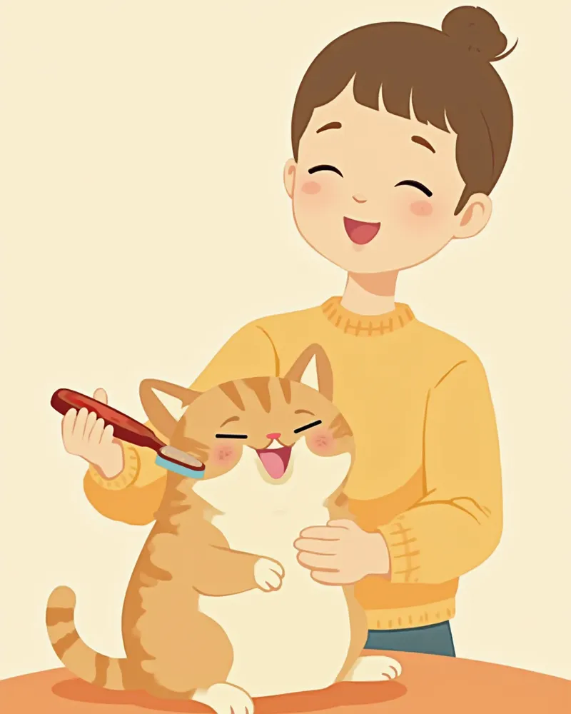 보호자가 고양이를 부드럽게 빗질해주는 모습