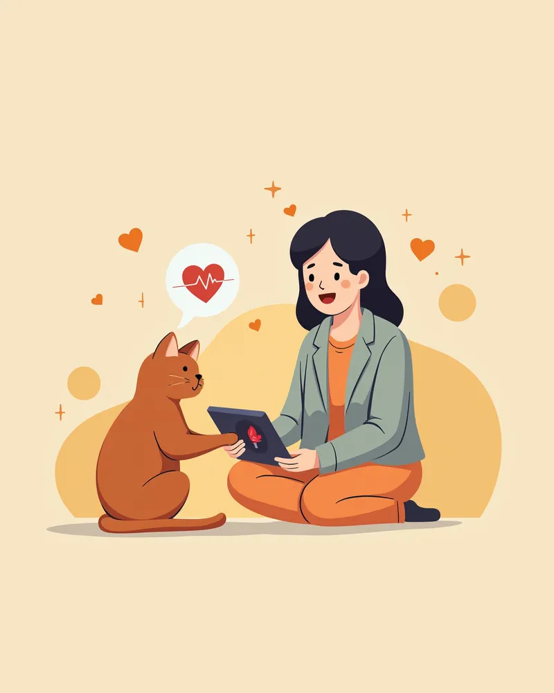 수의사의 태블릿에 심장 스캔이 보이는 동안 주인이 고양이를 쓰다듬는 장면