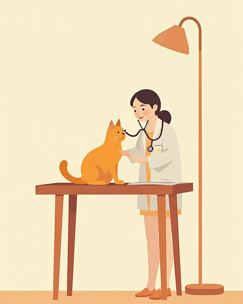 동물병원에서 청진기로 고양이를 진찰하는 수의사