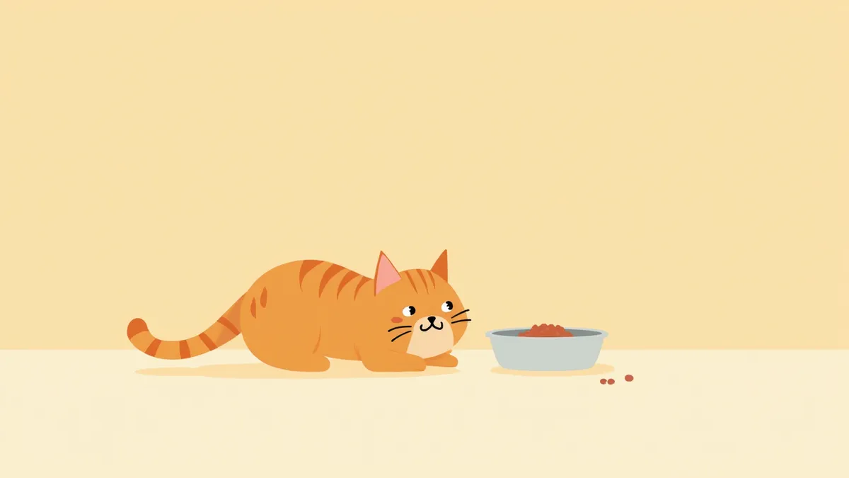 밥그릇 옆에서 식욕이 없어 보이는 고양이