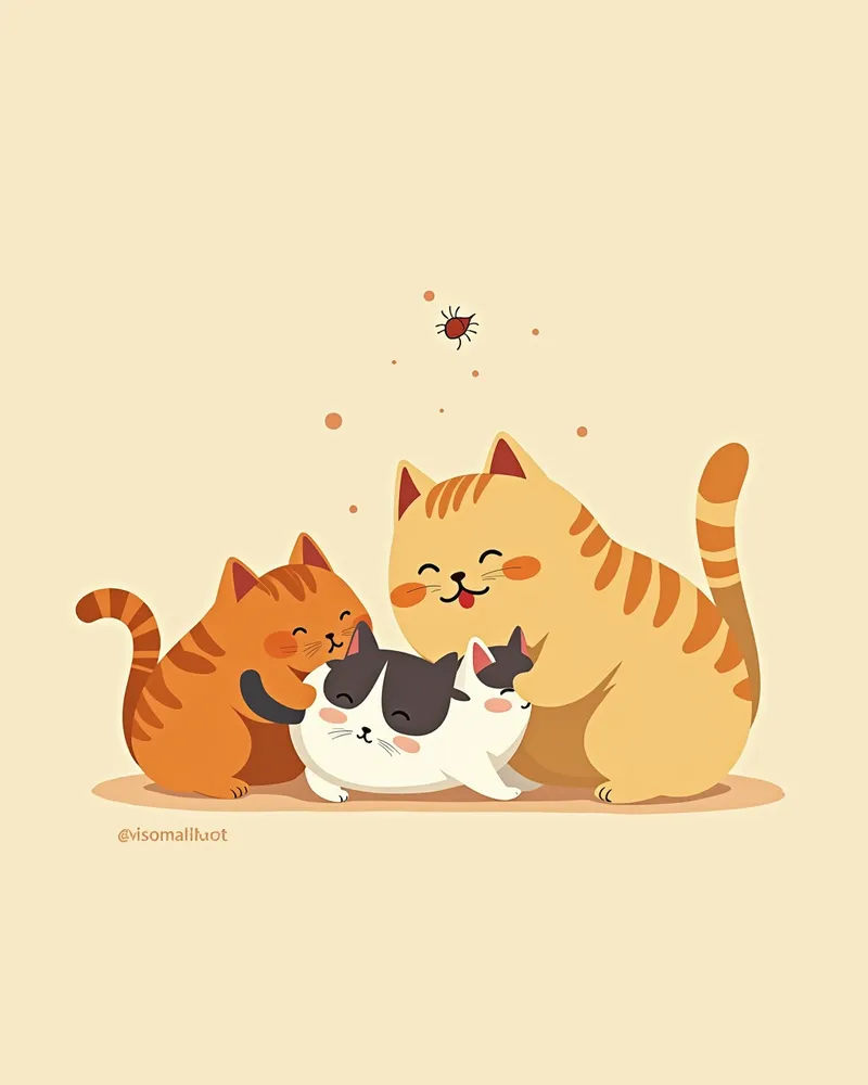 집안에서 놀고 있는 여러 마리의 고양이, 한 마리에 벼룩이 붙어 있는 모습