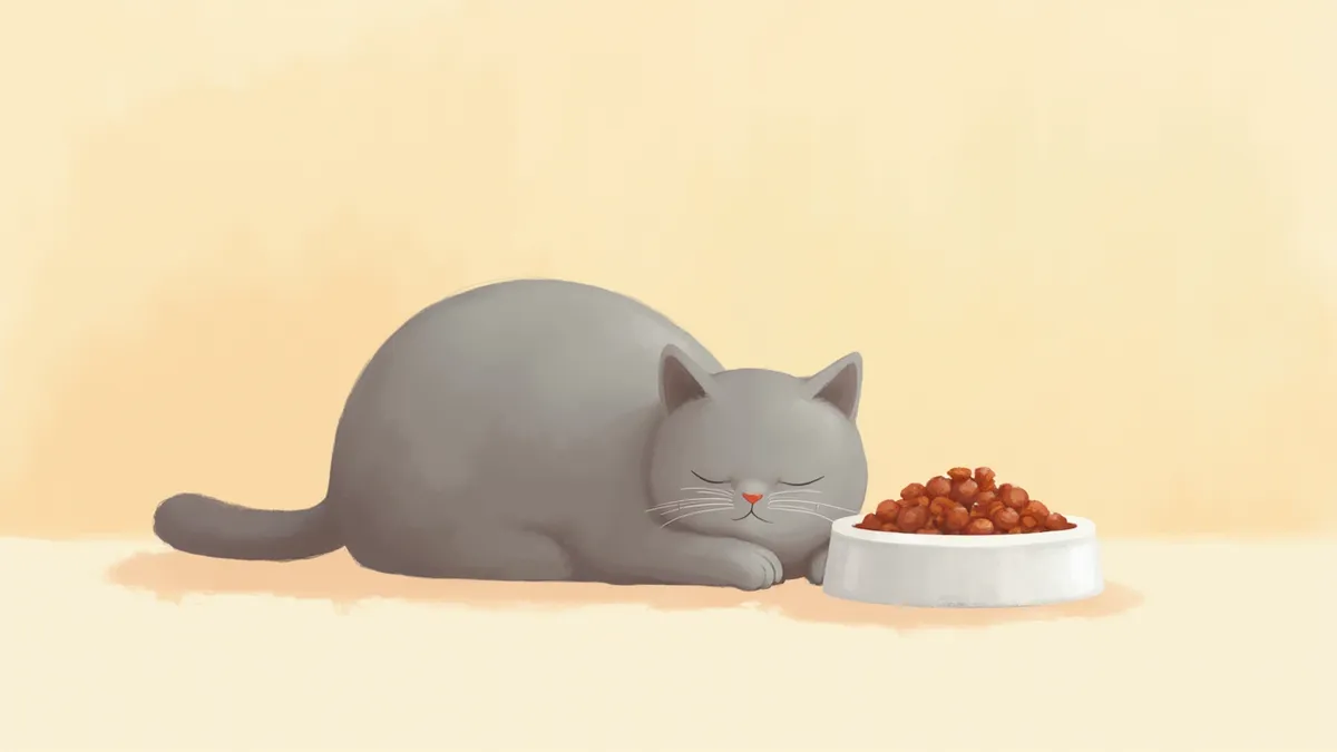 식욕 없이 식기 옆에 누운 비만 고양이