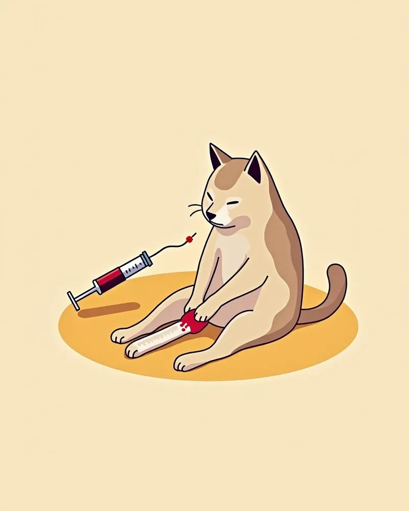수의사가 고양이 다리에서 혈액을 뽑는 모습, 주사기 안에 피가 담겨 있음