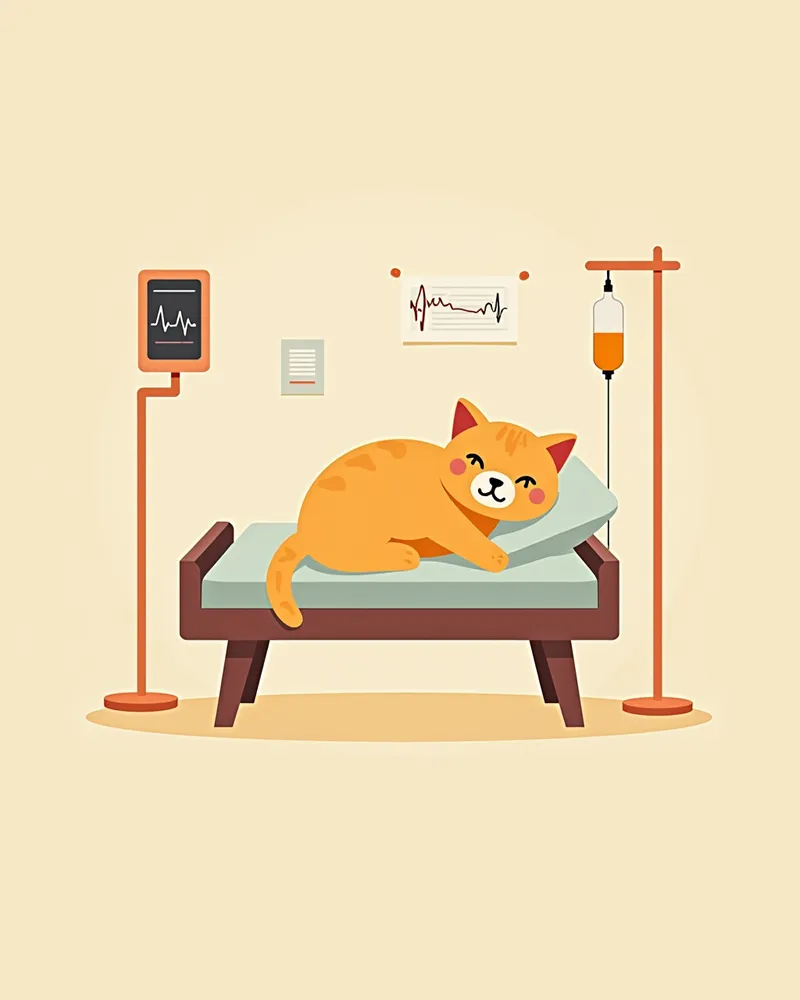 병원 침대에 누운 고양이, 정맥 주사가 연결되어 있고 수의사가 모니터링 중