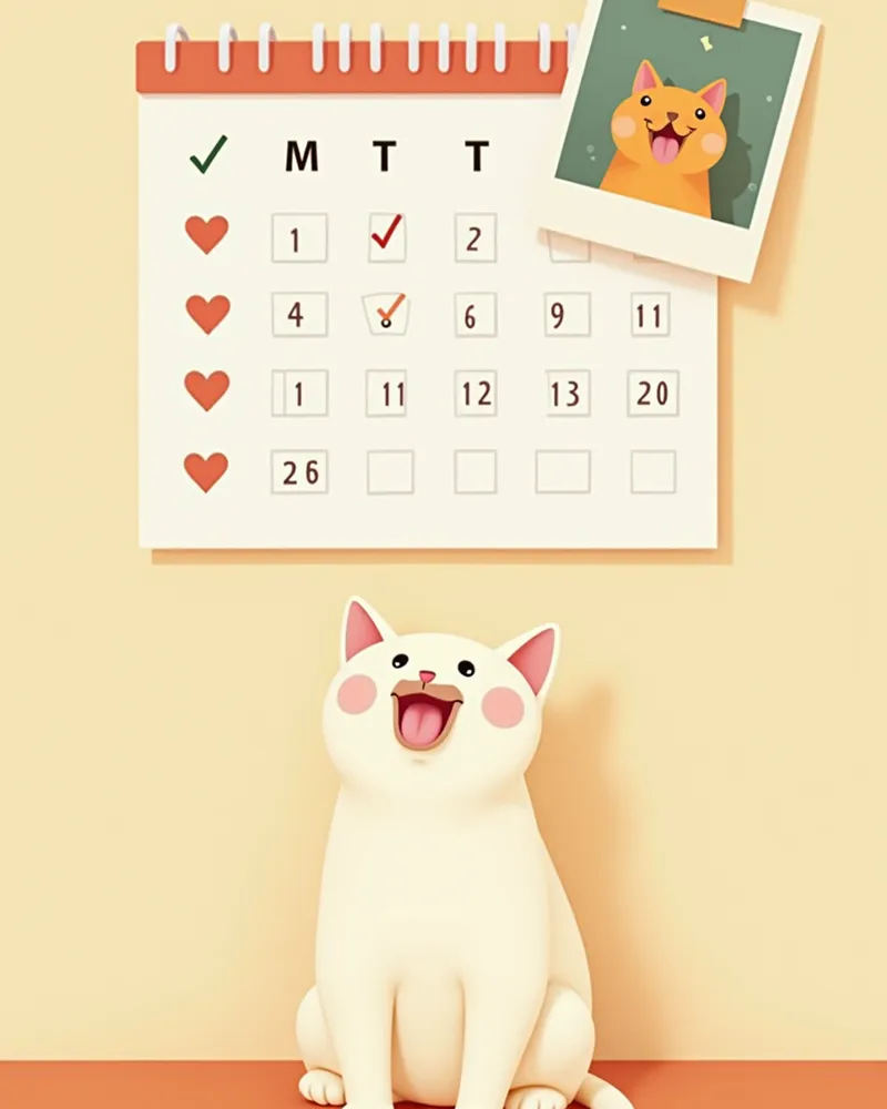 수의원 벽에 붙은 달력, 고양이 사진이 붙어 있고 매월 검진 기록이 남음