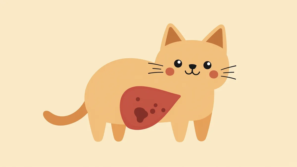 고양이 간에 위치한 종양이 빨간색으로 강조된 해부학적 그림