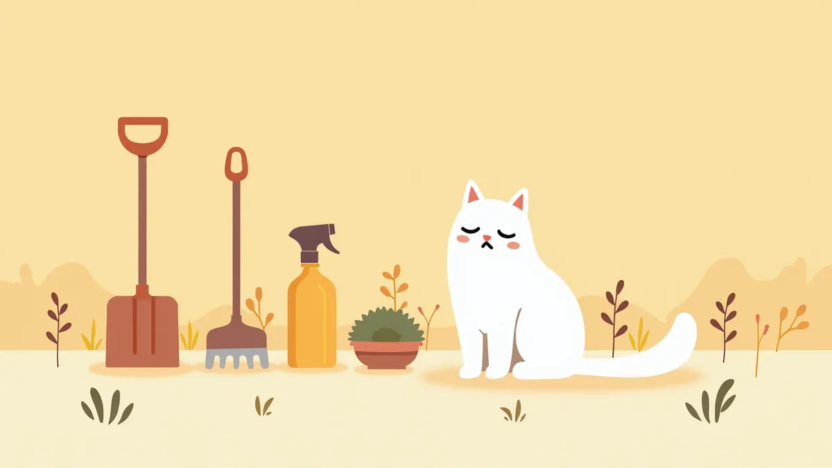 정원에서 제초제 근처에 앉아 있는 고양이